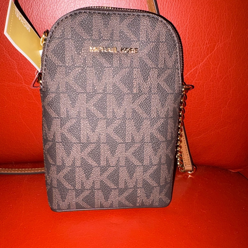 Michael Kors “Jet Set” Brown Logo Crossbody with Gold Hardware